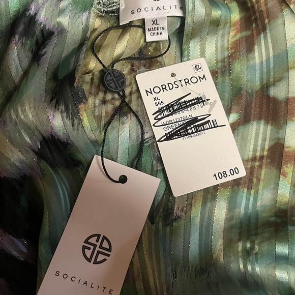 NWT Socialite Print Metallic Smocked Long Sleeve Minidress in Green Olive XL - Picture 10 of 10